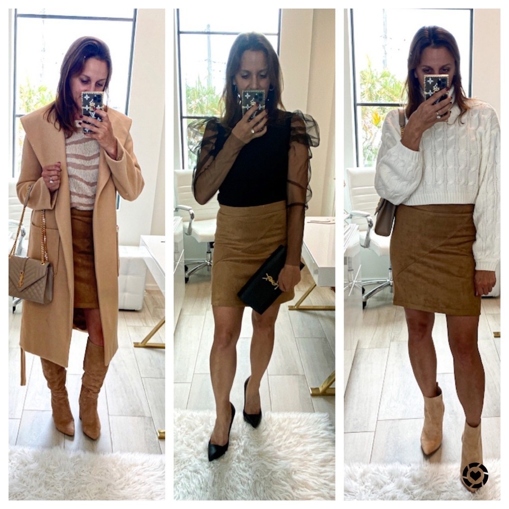 Faux suede caramel straight skirt.